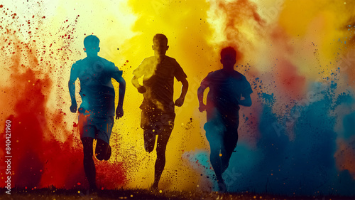 Silhouette of Three male Runners Competing against colorful abstract background. Concept Art of sport.