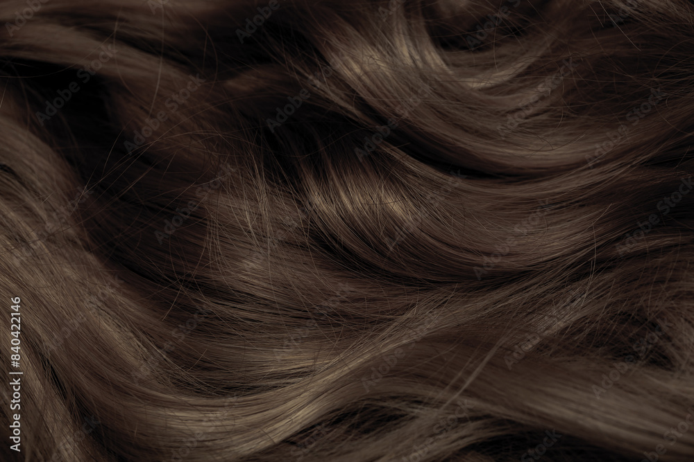 Brown hair close-up as a background. Women's long brown hair. Beautifully styled wavy shiny curls. Hair coloring. Hairdressing procedures, extension. Brown hair close-up as a background. Women's long brown hair. Beautifully styled wavy shiny curls. Hair coloring. Hairdressing procedures, extension.