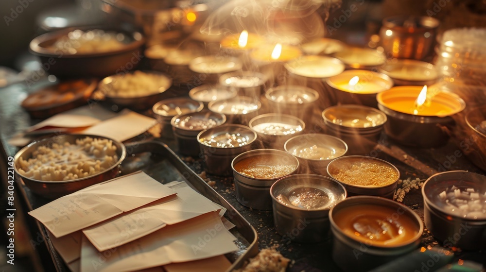 Fototapeta premium Artisanal Candle Making A Creative Workshop with Fragrant Oils Melted Wax and Handcrafted Candles