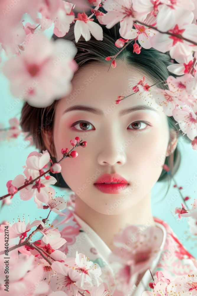 A traditional Japanese woman wearing a kimono and adorned with cherry blossom decorations on her head A traditional Japanese woman wearing a kimono and adorned with cherry blossom decorations on her head