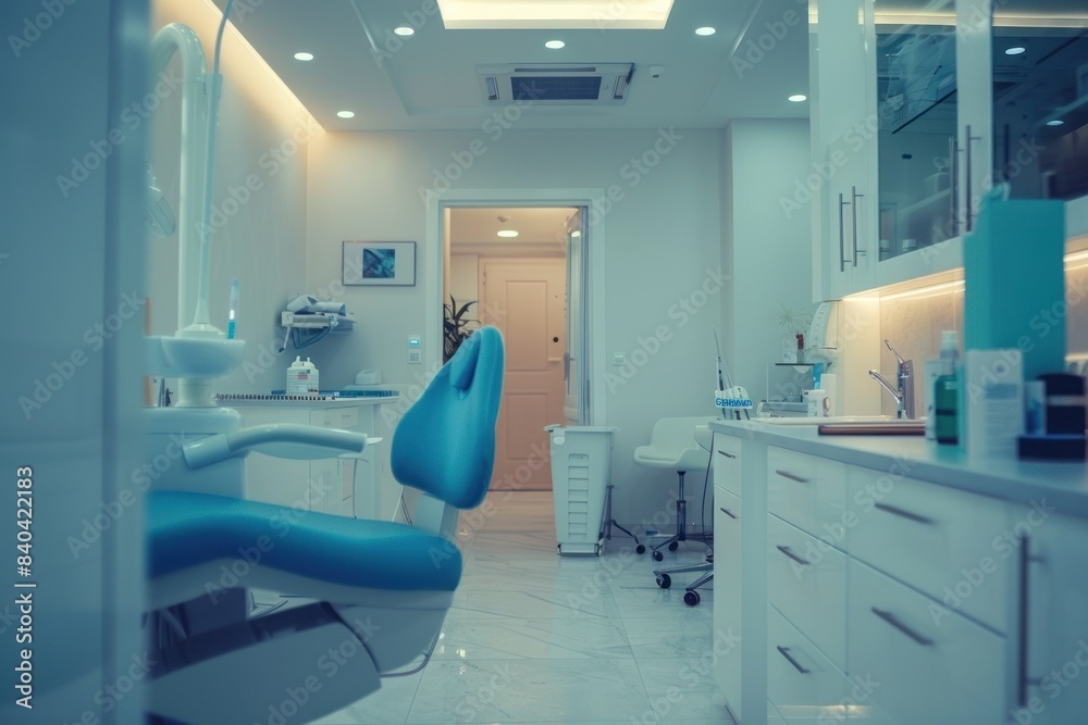 Empty dental office with blue dentist chair Empty dental office with blue dentist chair