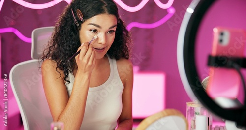 Quadro su tela Woman, content creator and ring light for recording, cosmetics influencer and live streaming in studio