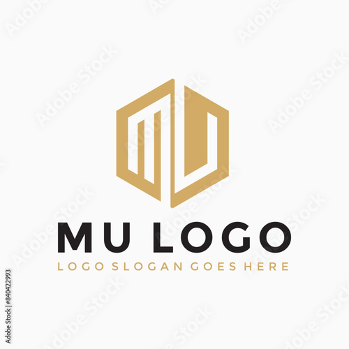 MU Letter hexagon gold logo vector image