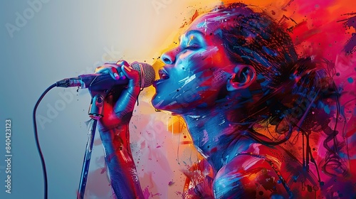 female musician singing on white background with abstract colorful elements contemporary art collage jazz concert festival concept creativity inspiration art.image illustration