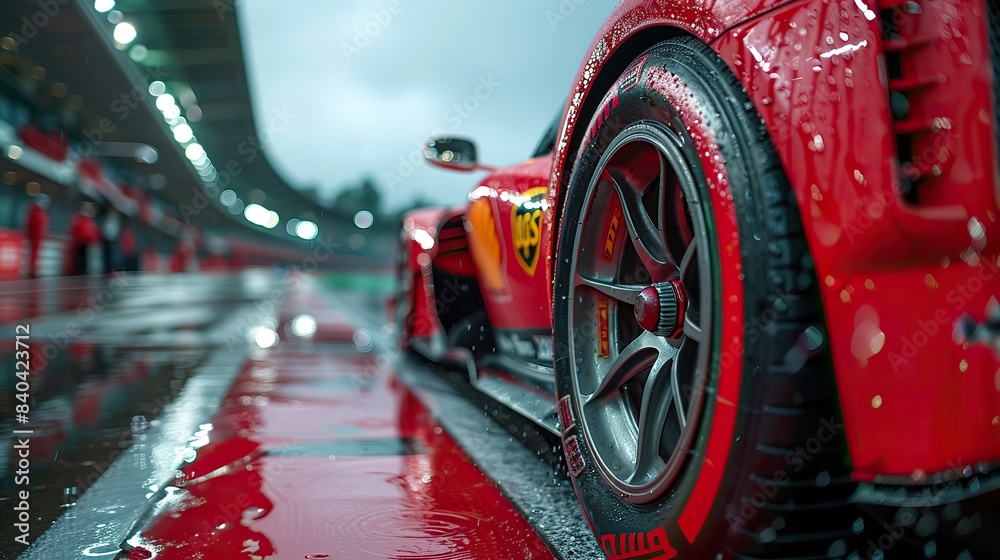 red racing car wheel moving at high speed on a wet race track concept ...