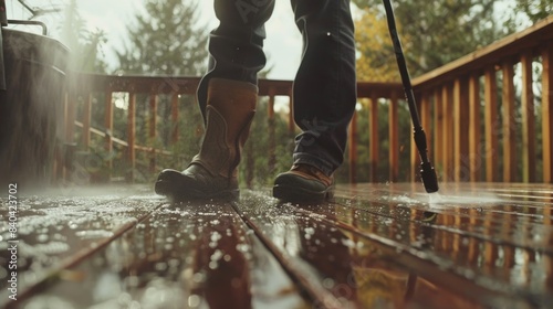 A person standing under an umbrella on a wooden deck, possibly seeking shelter from rain or sun