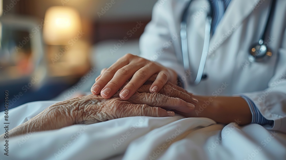 Fototapeta premium a female doctor is touching the hand of a male patient lying on his bed in a hospital midsection.illustration