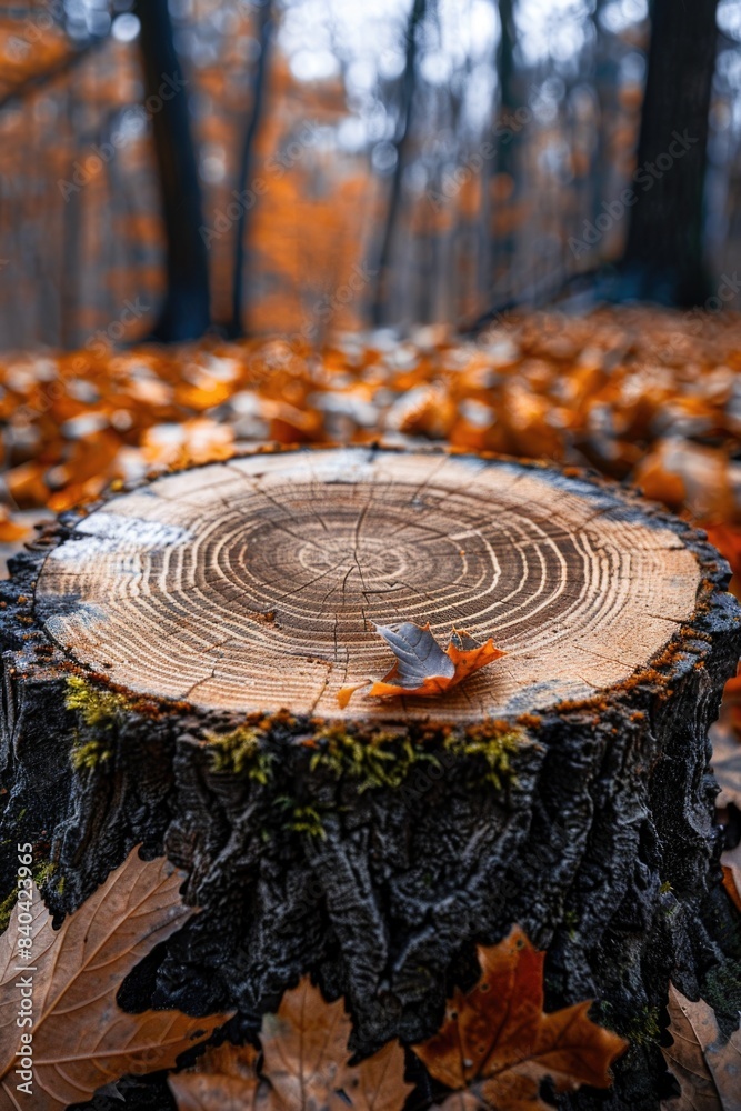 Fototapeta premium A tree stump with lush green leaves still intact in a dense forest environment