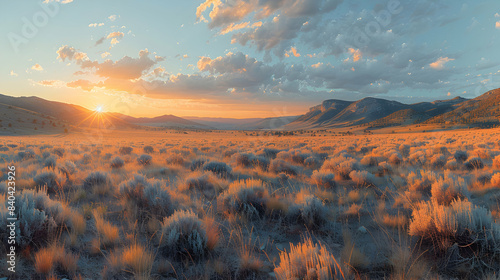 A sprawling nature xeric shrubland with hardy shrubs and a clear blue sky, the sunlight creating a warm glow across the landscape photo