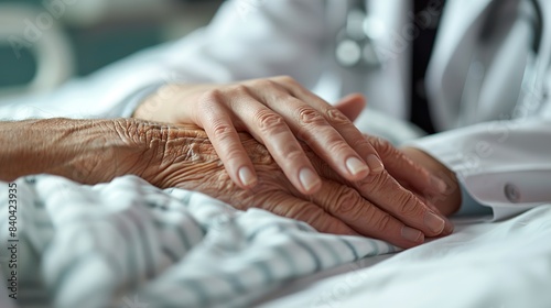a female doctor is touching the hand of a male patient lying on his bed in a hospital midsection.image illustration