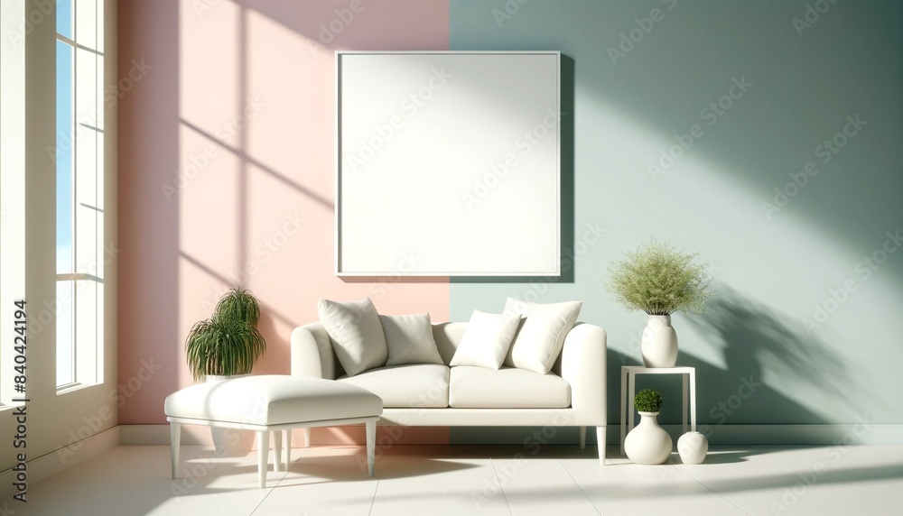 Obraz premium Pastel Living Room with White Furniture and Blank Picture Frame
