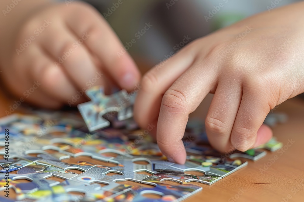 Close-up of child's hands assembling a jigsaw puzzle. Indoor photography focused on detail. Leisure and development concept for design and print. Close-up of child's hands assembling a jigsaw puzzle. Indoor photography focused on detail. Leisure and development concept for design and print.