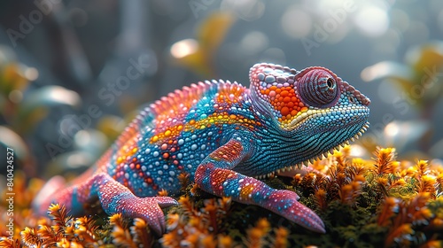 the vibrant chameleon perches on moss its colorful scales standing out against a misty forest background in this digital illustration of artificial intelligence.stock photo
