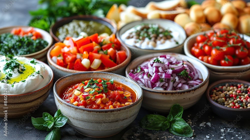various israeli meze appetizers in bowls in a still life.stock photo various israeli meze appetizers in bowls in a still life.stock photo