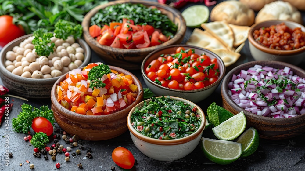 various israeli meze appetizers in bowls in a still life.image illustration various israeli meze appetizers in bowls in a still life.image illustration