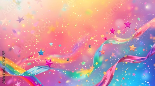 Birthday party poster with a fantasy and pride theme, featuring colorful stars and a rainbow palette; the design includes flowing and flying graphic elements with pastel colors and magical touches