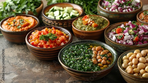 various israeli meze appetizers in bowls in a still life.image illustration