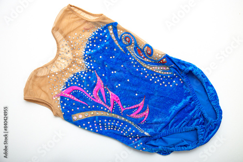 Blue velvet rhythmic gymnastics leotard on white background