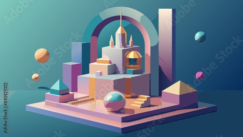 Futuristic Abstract Cityscape with Geometric Shapes and Pastel Colors
