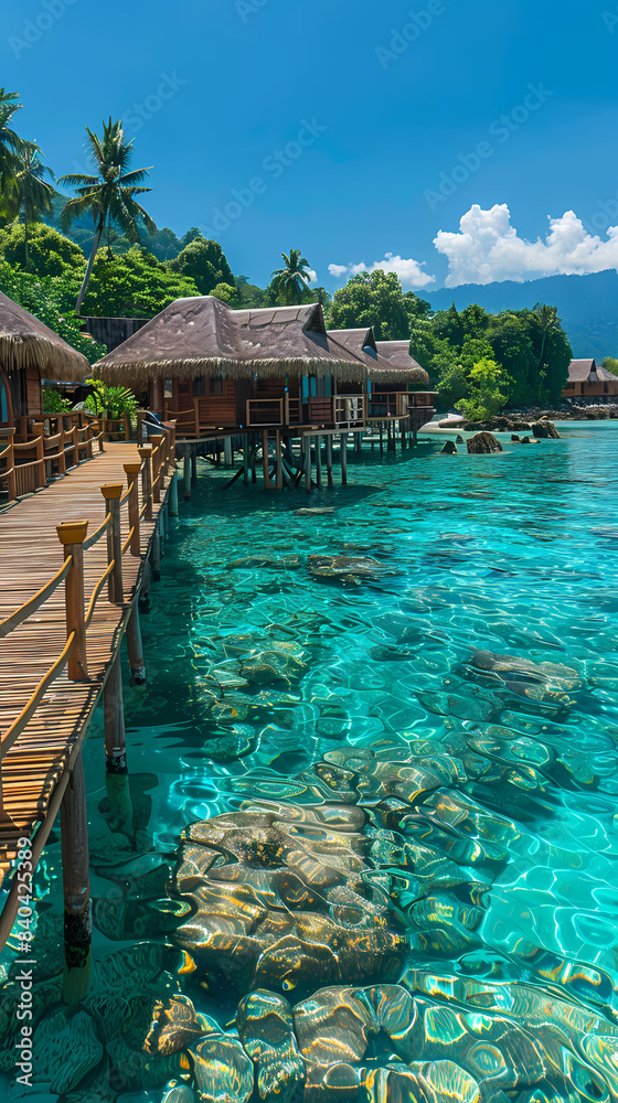 Obraz premium This is an image of a beach resort with thatched huts and a dock in the water, on a sunny day, houses on stilts, waterfront houses, paradise in the background, 8K