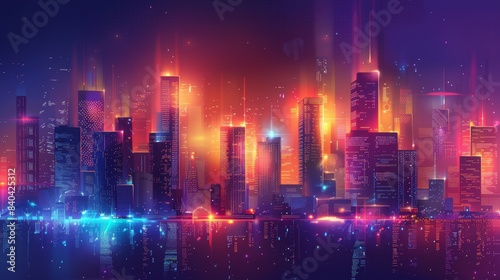 A modern cityscape with illuminated skyscrapers at night