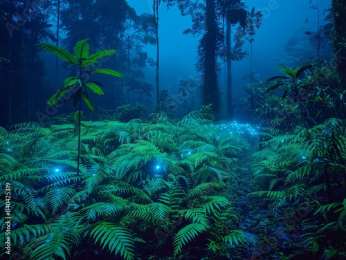 Enchanted Night in Bioluminescent Rainforest - Mystical Glow of Plants and Fungi in Dark Jungle Canopy