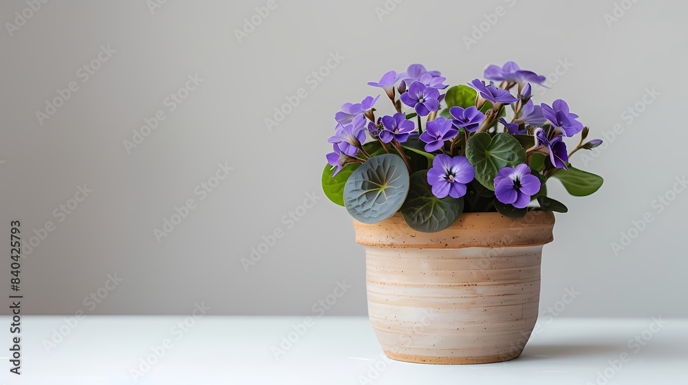cute mini African Violet plant in a pot, white background cute mini African Violet plant in a pot, white background