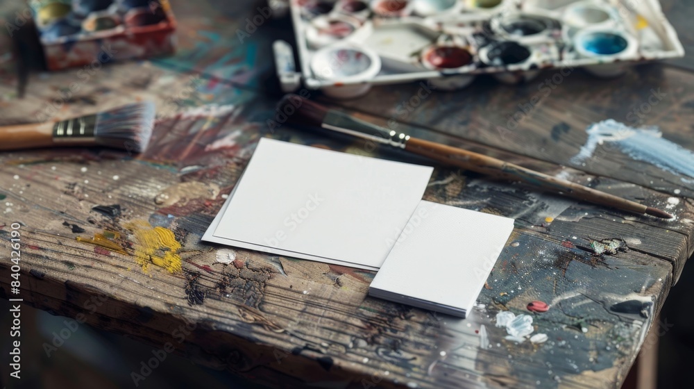 Creative Workspace Blank Business Cards and Paintbrush for Branding Inspiration Creative Workspace Blank Business Cards and Paintbrush for Branding Inspiration