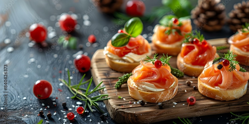 Variety of tasty canapés on wooden board for festive catering event. Concept Festive Catering, Tasty Canapés, Wooden Board Display, Variety of Flavors, Elegant Presentation Variety of tasty canapés on wooden board for festive catering event. Concept Festive Catering, Tasty Canapés, Wooden Board Display, Variety of Flavors, Elegant Presentation