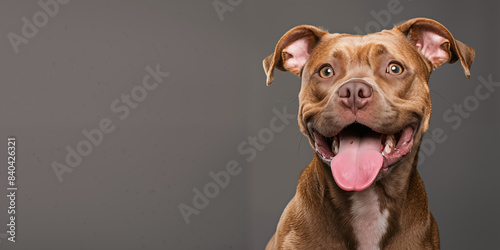 Portrait of a dog with tongue out on a gray background with copy space.