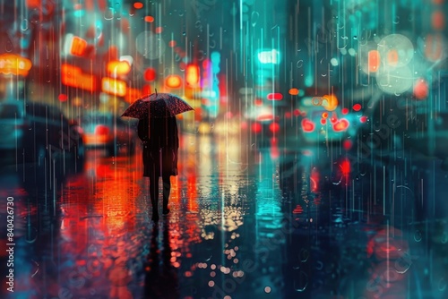 A person walking in the rain using an umbrella, great for use as a background or illustration