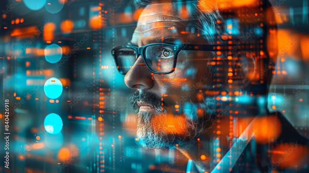 A mature man with a beard and glasses is working in a server room, looking at a computer screen, with an overlay of the screen data over his face. A mature man with a beard and glasses is working in a server room, looking at a computer screen, with an overlay of the screen data over his face.