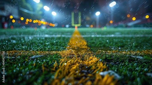 an american football stadium with yellow goal posts grass fields and blurred fans at play flashlights concept outdoot sports football championships games etc.illustration photo