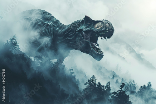 Generative ai on theme of big scary hungry dinosaur with kind eyes and sharp teeth destroying park