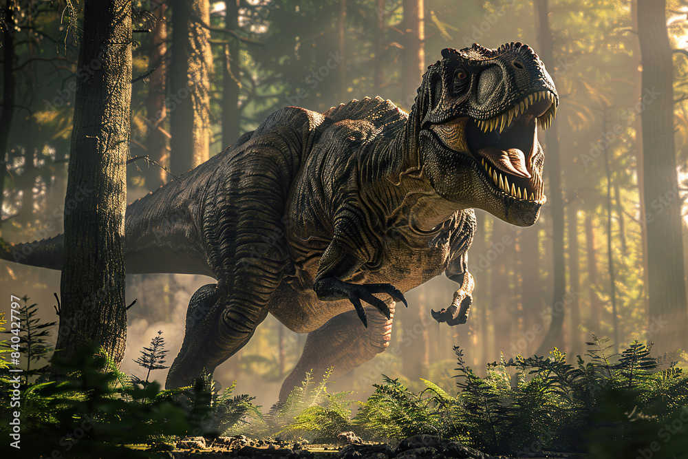 Generative ai on theme of big scary hungry dinosaur with kind eyes and sharp teeth destroying park Generative ai on theme of big scary hungry dinosaur with kind eyes and sharp teeth destroying park