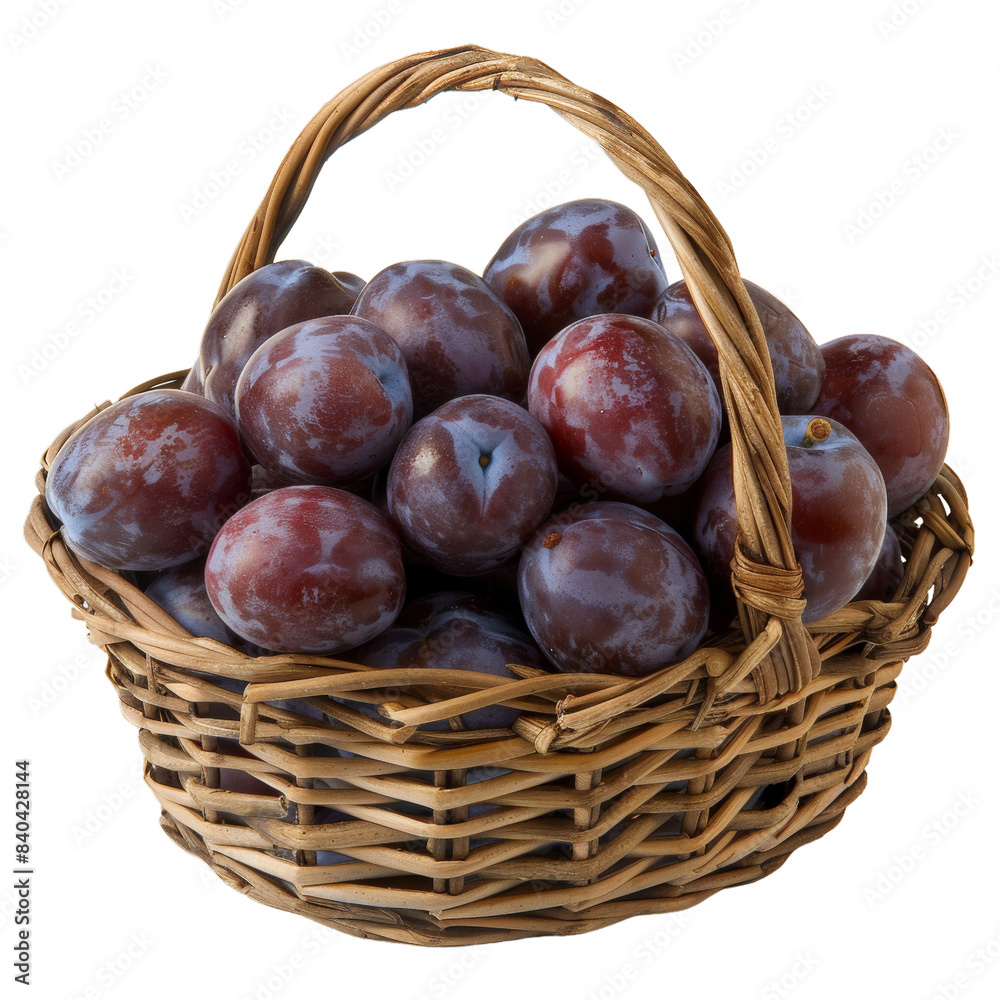 A basket of ripe plums, isolated on transparent white background A basket of ripe plums, isolated on transparent white background