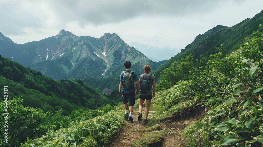 Fototapeta premium 山をハイキングする西洋人カップル