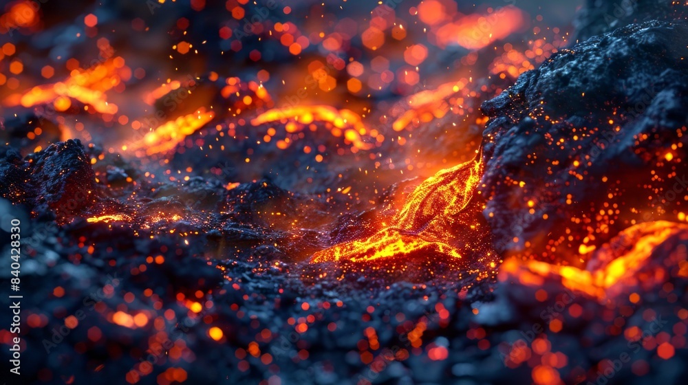 Close-up of glowing molten lava with sparks. Bright lava flows amid dark volcanic rocks. Concept of nature, geothermal activity, and volcanic eruption. Abstract background Close-up of glowing molten lava with sparks. Bright lava flows amid dark volcanic rocks. Concept of nature, geothermal activity, and volcanic eruption. Abstract background