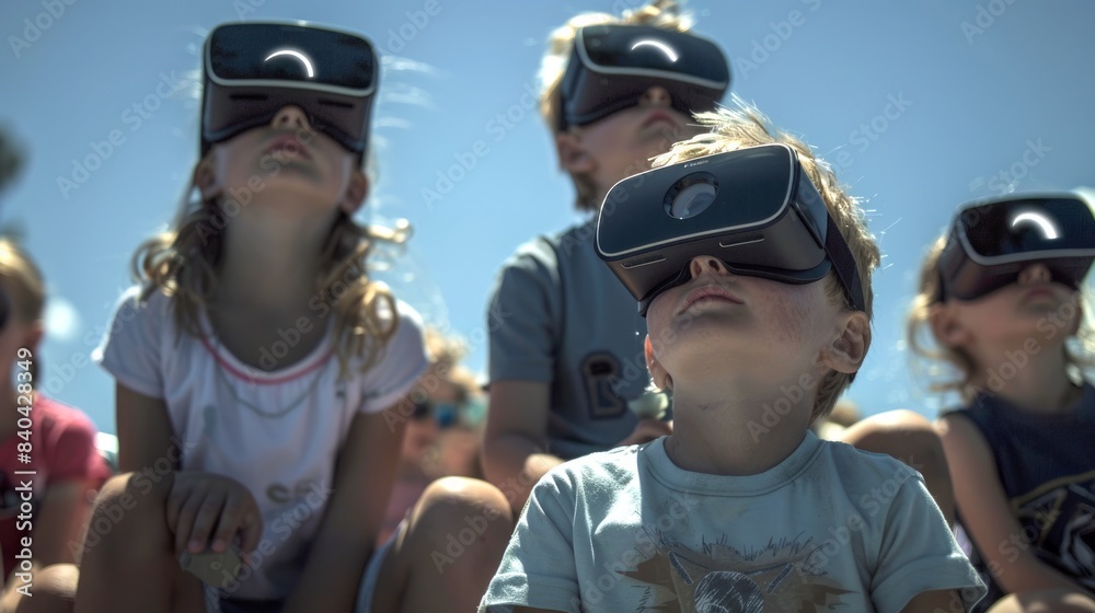 Group of children using virtual reality headsets. Concept of VR technology, immersive experience, kids entertainment, augmented reality Group of children using virtual reality headsets. Concept of VR technology, immersive experience, kids entertainment, augmented reality