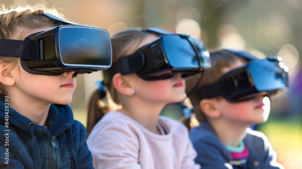 Children Using Virtual Reality Headsets Outdoors. Concept of VR Technology, Kids Entertainment, Outdoor Activities, Future of Learning Children Using Virtual Reality Headsets Outdoors. Concept of VR Technology, Kids Entertainment, Outdoor Activities, Future of Learning