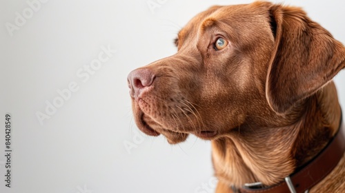 A close-up shot of a brown dog wearing a collar, great for pet-related or animal-themed projects photo