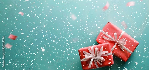 Red Christmas gift boxes with ribbons in snowfall on blue background. Concept of winter holiday, festive season, presents, celebration. Copy space. Greening card, postcard, banner, poster