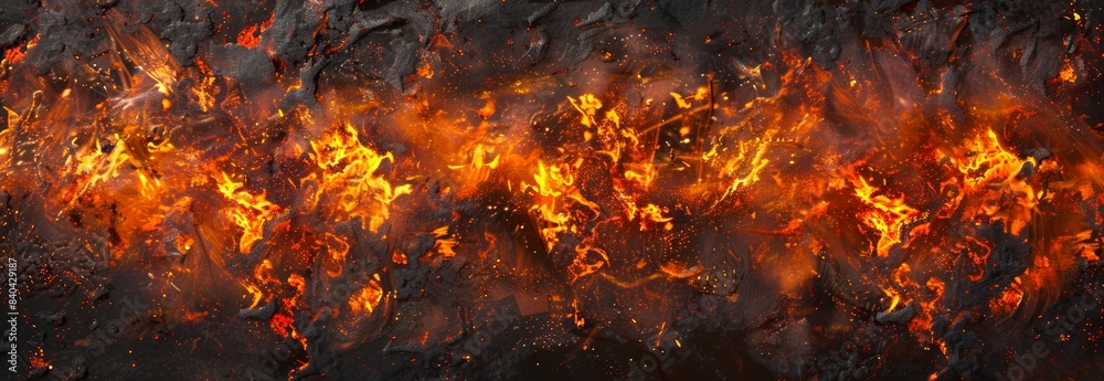 Abstract fiery art depicting intense flames and dark charred textures. Concept of fire, heat, blazing energy, danger. Abstract background. Copy space. Banner