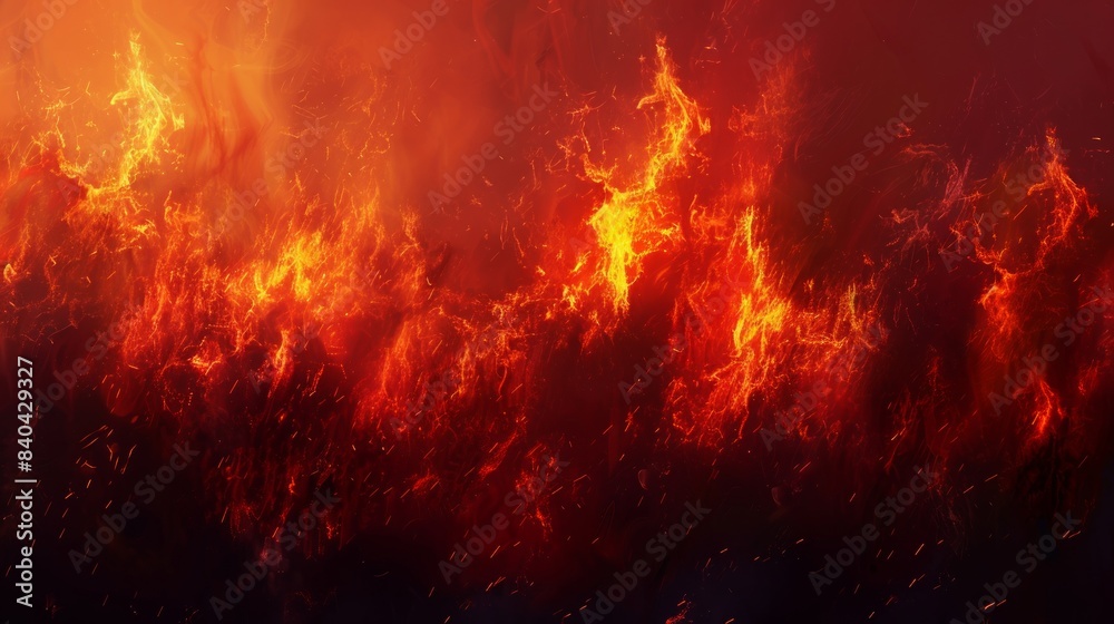 Fiery blaze with intense flames and sparks. Concept of fire, heat, burning, inferno. Abstract background. Copy space. Banner