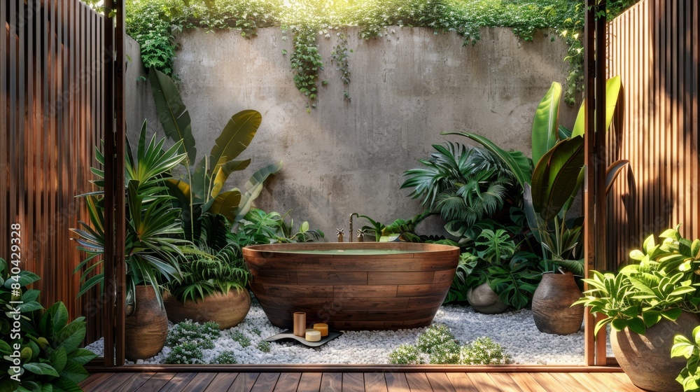 Serene Oasis Luxurious Outdoor Wooden Tub Surrounded by Lush Tropical Greenery and Soft Natural Light Ecoluxe Spa Retreat Stock Image Serene Oasis Luxurious Outdoor Wooden Tub Surrounded by Lush Tropical Greenery and Soft Natural Light Ecoluxe Spa Retreat Stock Image