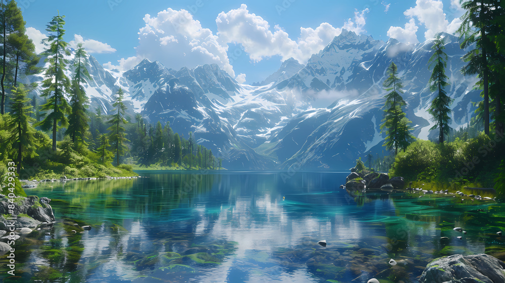 A serene.Surrounded by snow-capped mountains The lake was quiet. A serene.Surrounded by snow-capped mountains The lake was quiet.