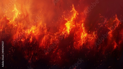 Fiery blaze with intense flames and sparks. Concept of fire, heat, burning, inferno. Abstract background. Copy space. Banner