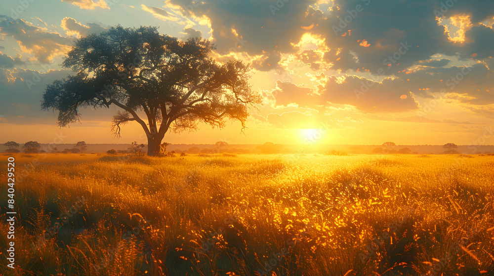 A vast nature savannah meadow with tall grasses and scattered acacia trees, the sunlight creating a warm and inviting atmosphere A vast nature savannah meadow with tall grasses and scattered acacia trees, the sunlight creating a warm and inviting atmosphere