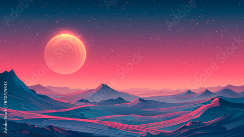 Surreal extraterrestrial landscape with vibrant colors  showcasing rocky terrain under an enormous  glowing moon amidst a star-filled sky.