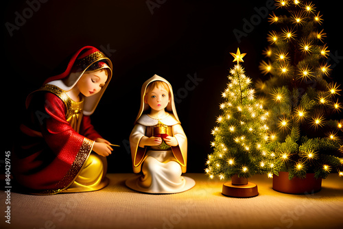 Christmas time. Manger with baby Jesus and star of Bethlehem in watercolor style. Text : Light of the world. photo